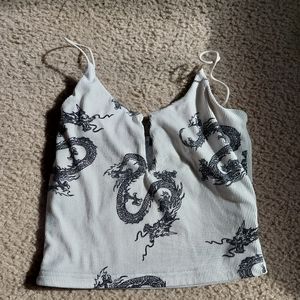 White and black dragon tank top with slit down the middle